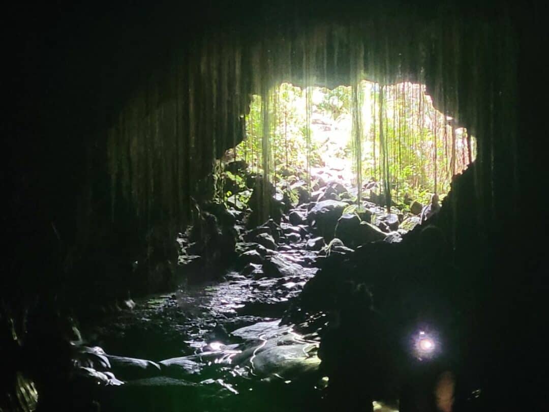 Looking out of the Kaumana Caves toward the entrance to the cave