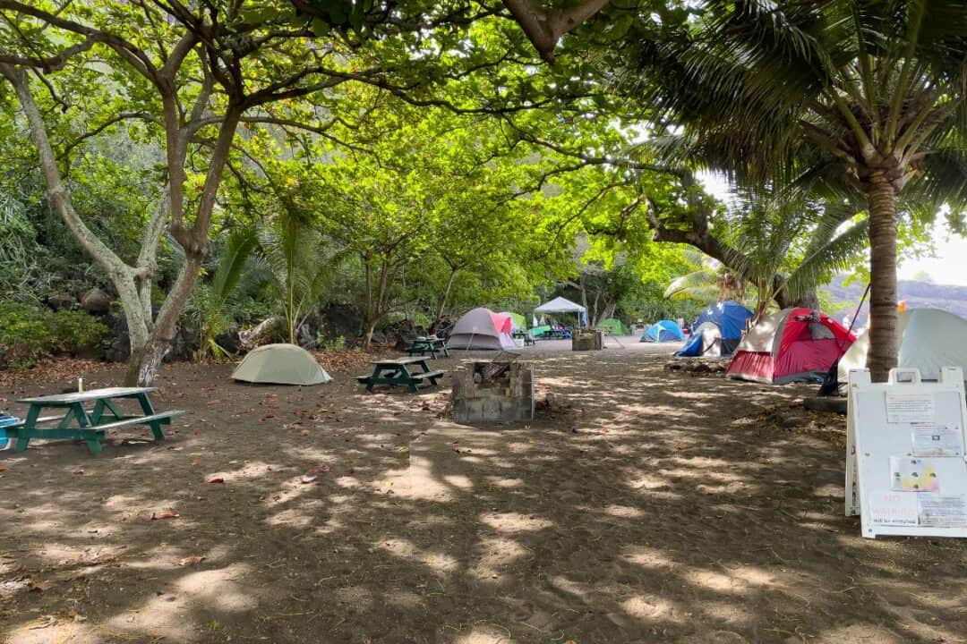 Main camping area at Ho‘okena Beach with tents