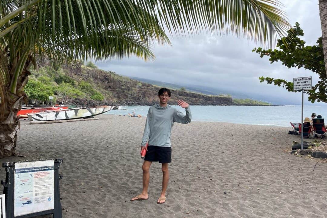 Trey waving hello at Ho‘okena Beach Park