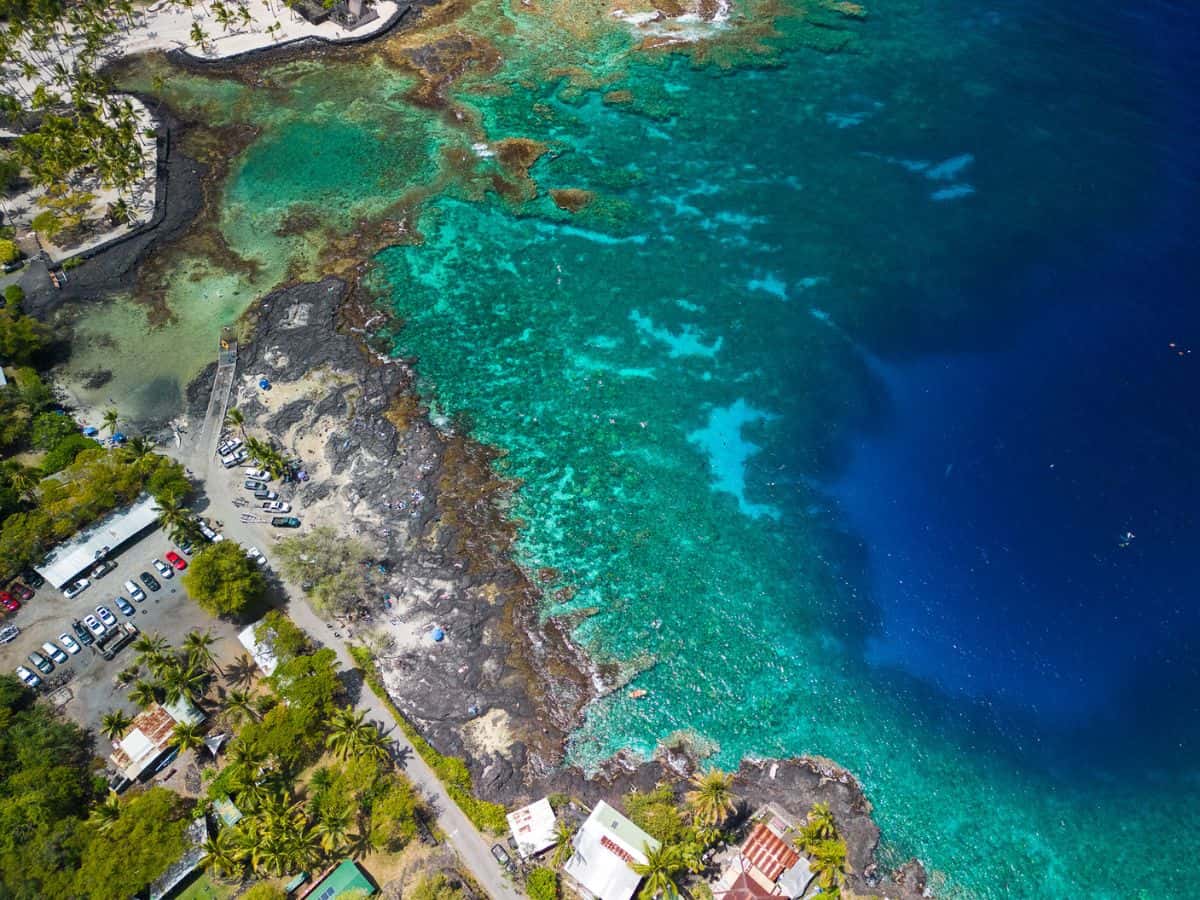 aerial drone view of two step beach honaunau bay