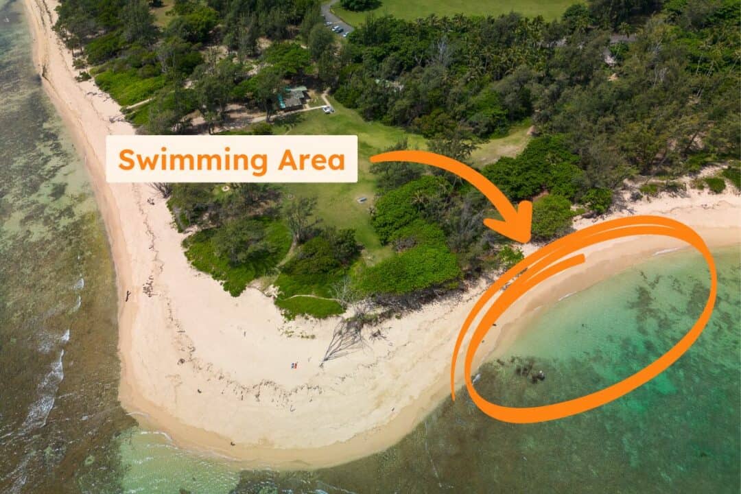 Aerial view of Malaekahana State Recreation Area, showing our favorite swimming area