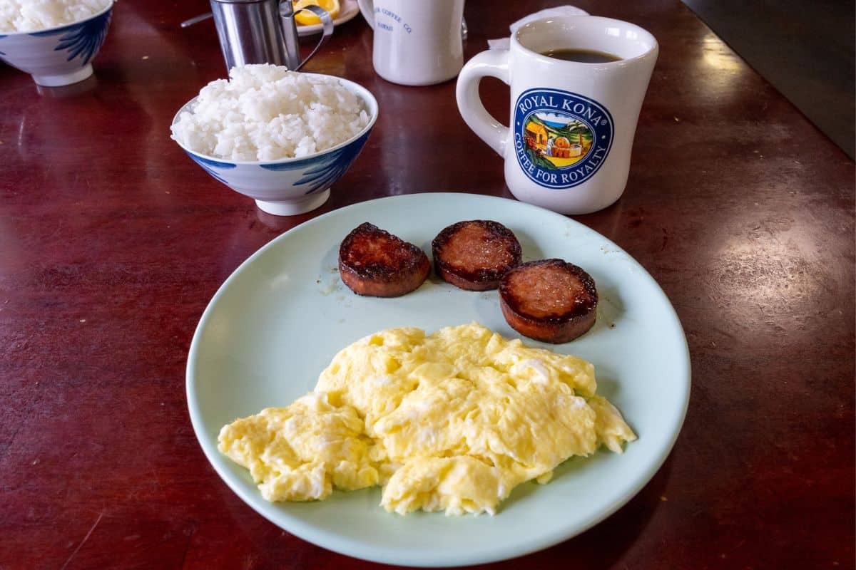 Experiencing Old Hawai‘i: Our Stay at the Historic Manago Hotel 12 Manago Hotel Restaurant breakfast of portugese sausage, eggs, and rice