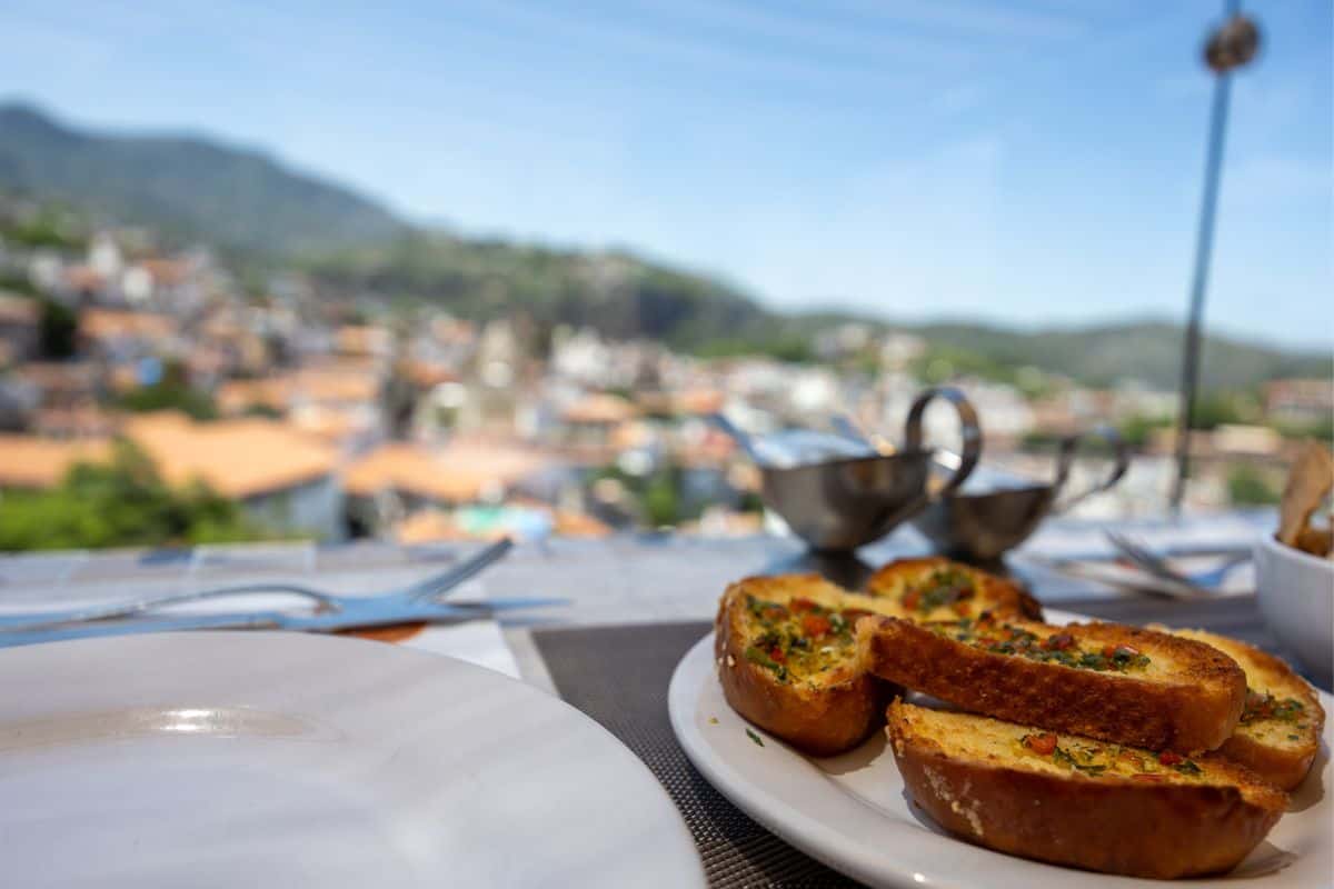 View and bread from Del Angel Inn Restaurant Taxco Mexico