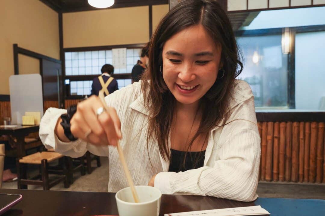 Chloe eating soba noodles at Kanda Matsuya