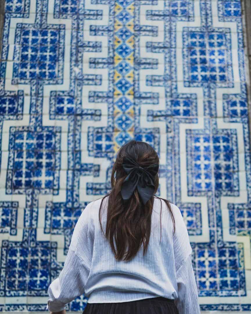 Instagram photo girl in front of blue tiles at House of Tiles in Mexico City