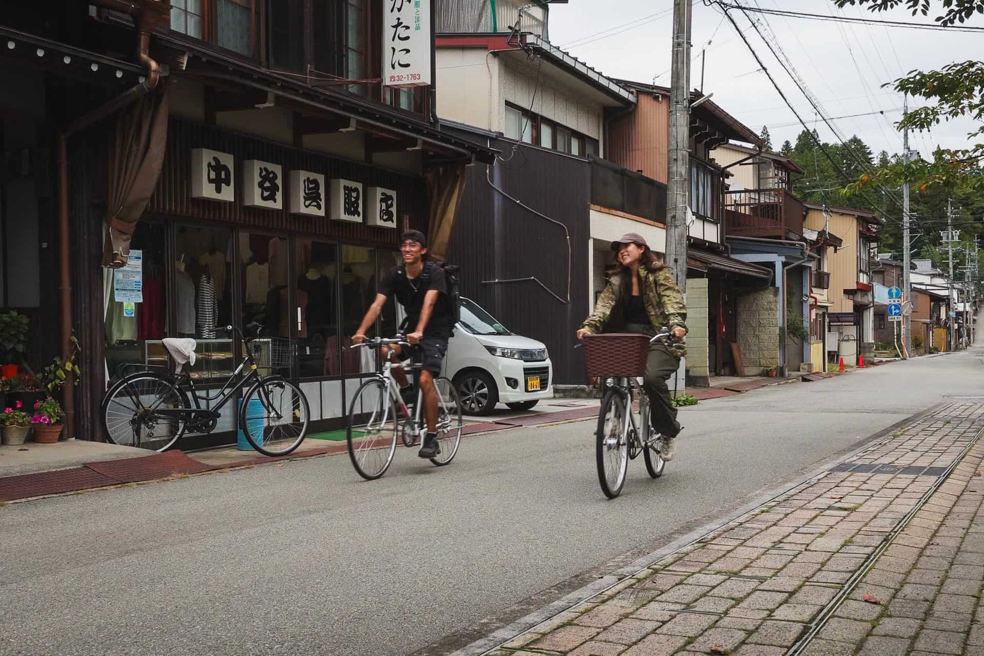 Riding bicycles in Takayama