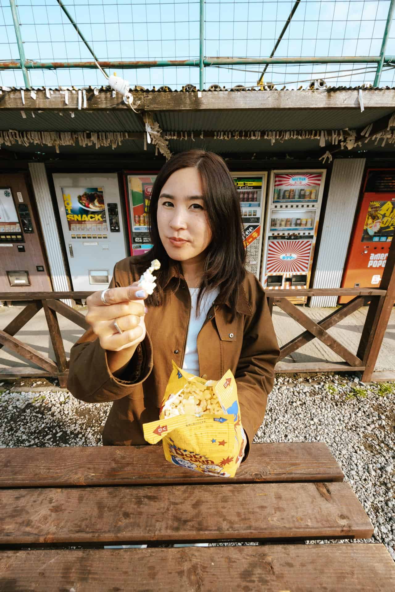 Eating vending machine popcorn in Japan