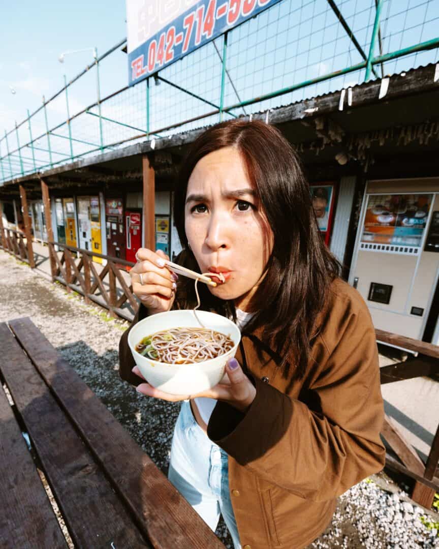 Eating soba at Used Tire Mart Sagamihara vending machine park