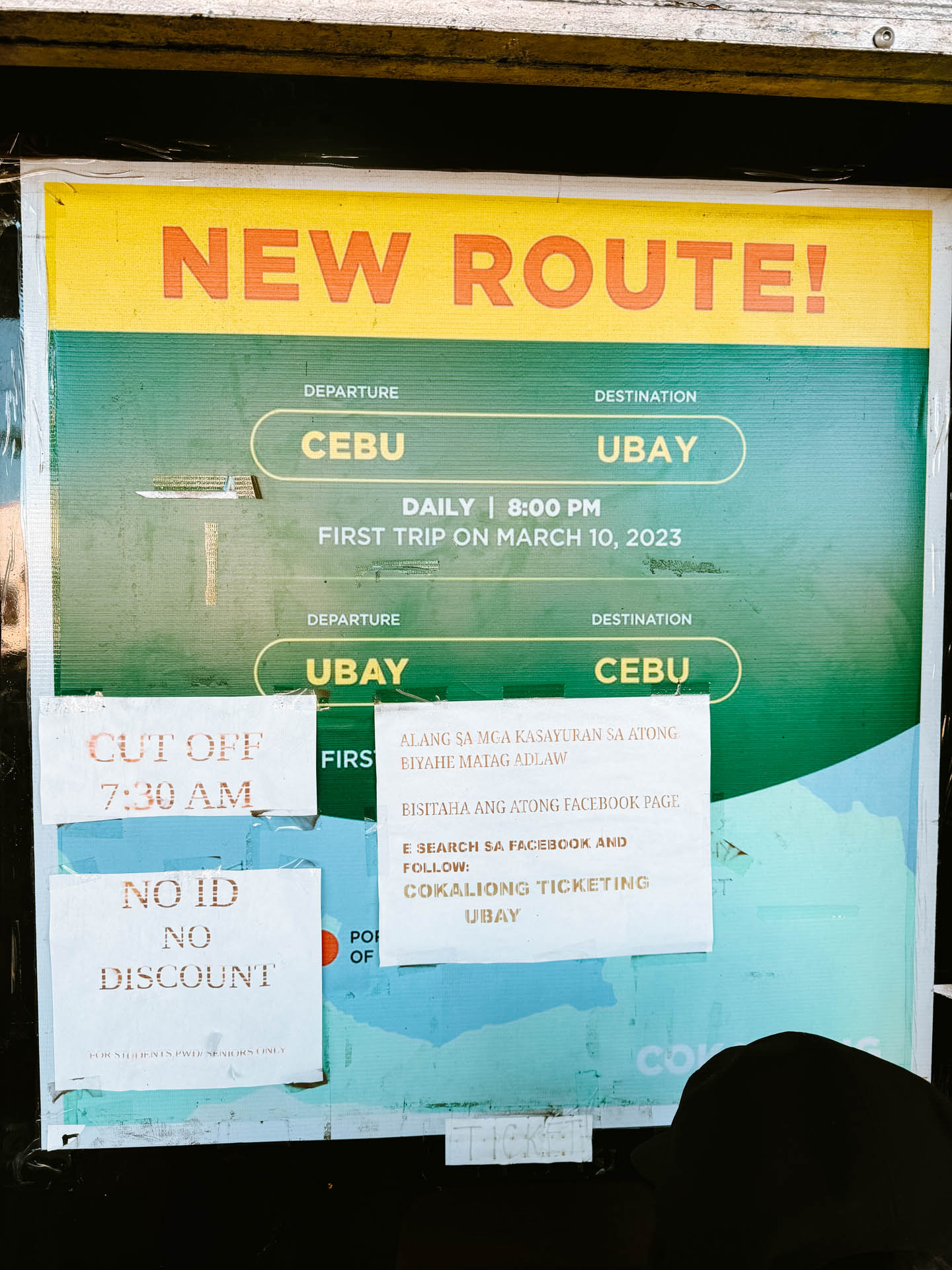Informational sign for Ubay to Cebu Ferry