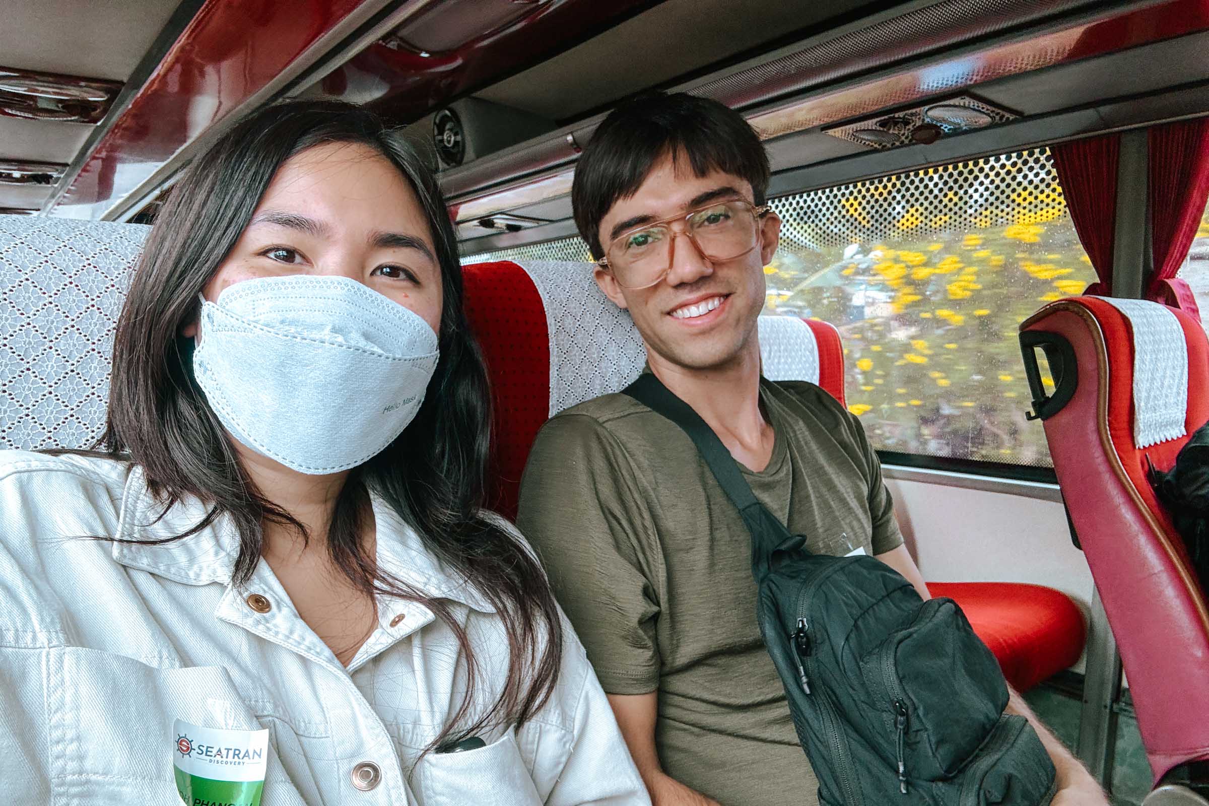 Chloe and Trey on bus to Seatran Ferry terminal in Donsak
