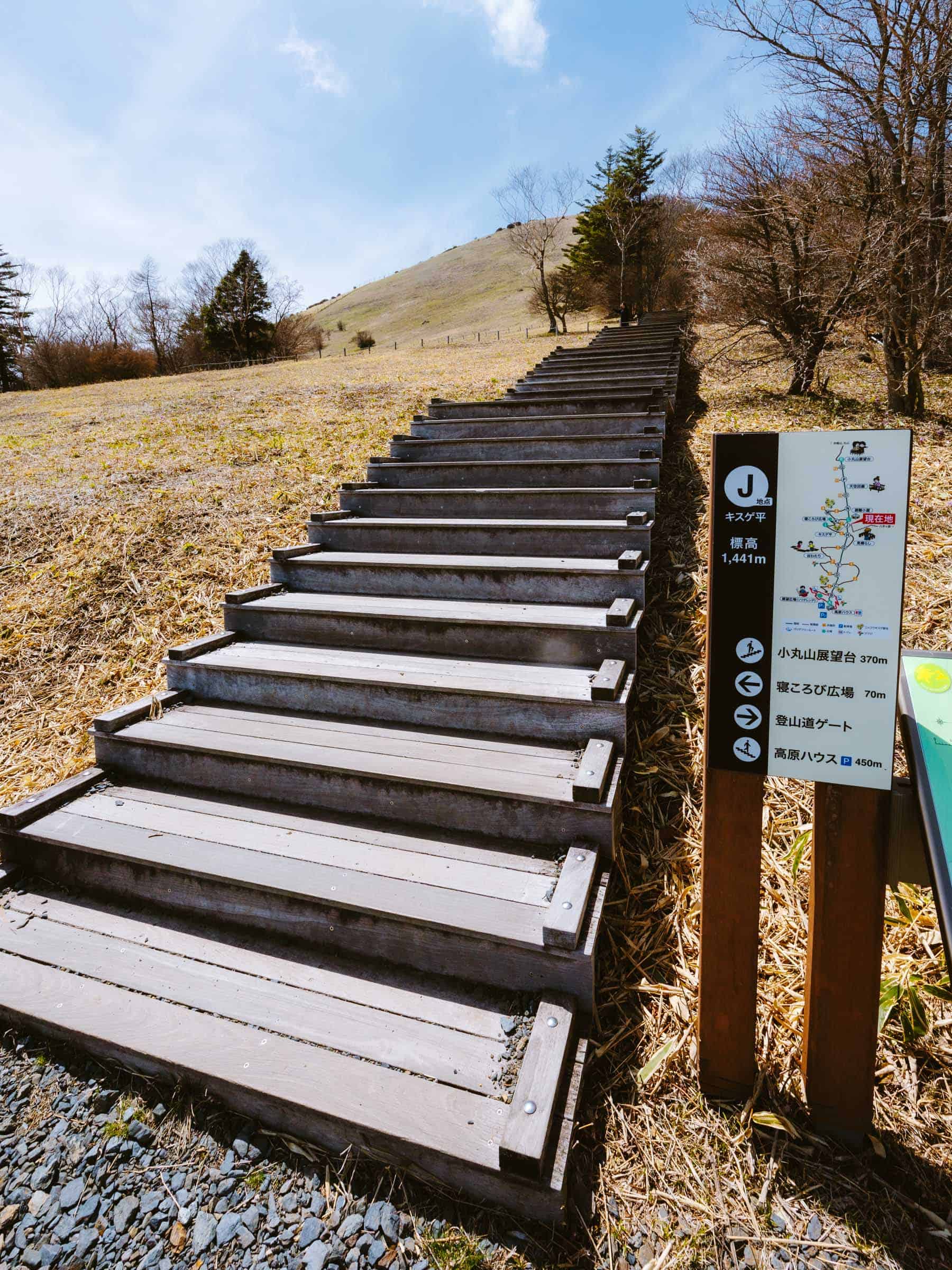 Kirifuri Plateau Hike Stairs with trail marker