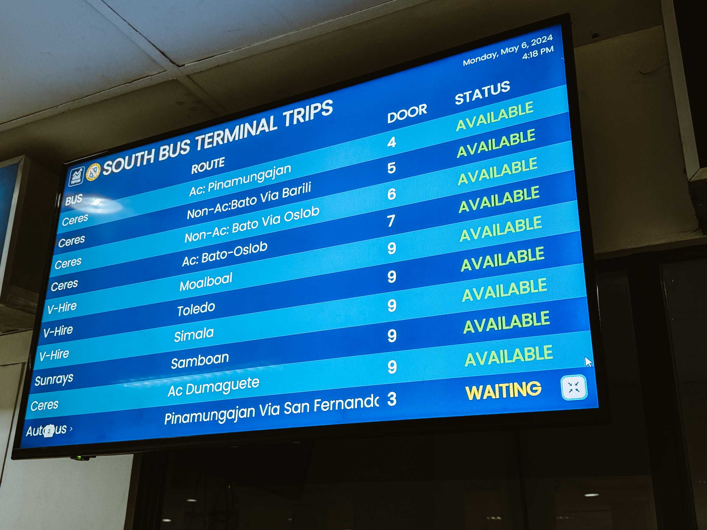 Cebu City South Bus Terminal information screen