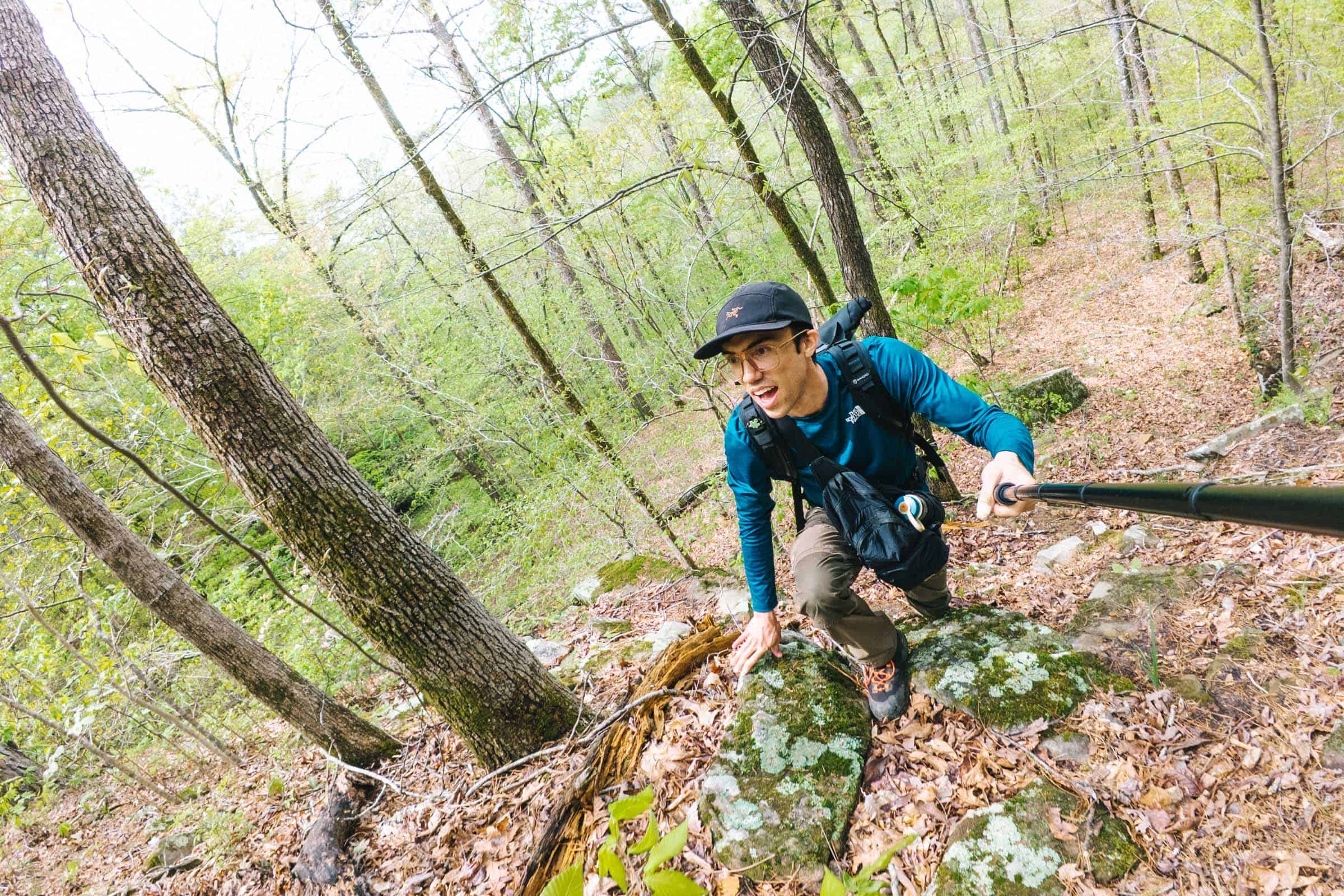 Climbing up bluffs at Glory Hole Waterfall Trail