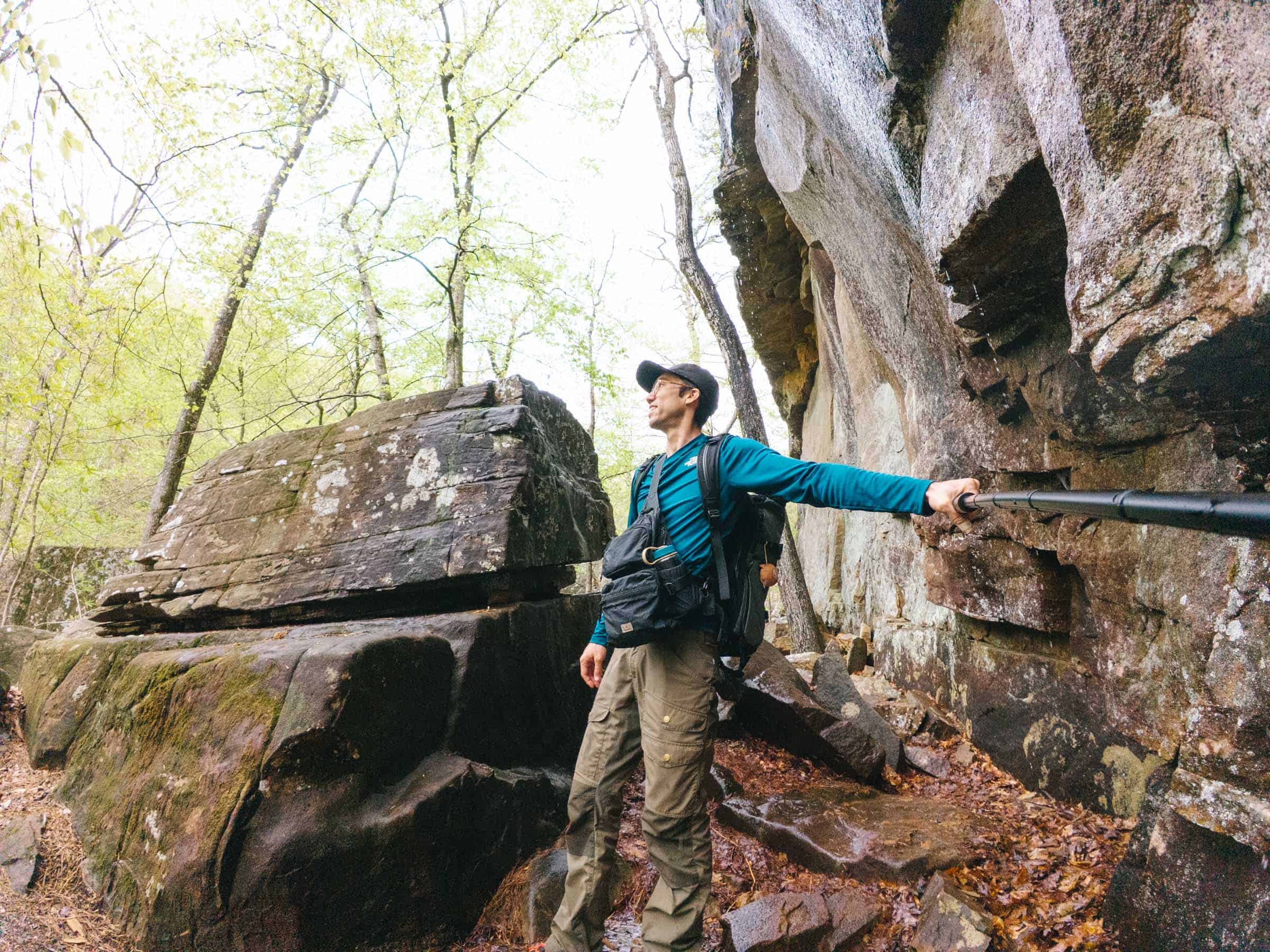 Exploring rocks at Glory Hole Waterfall Trail Arkansas