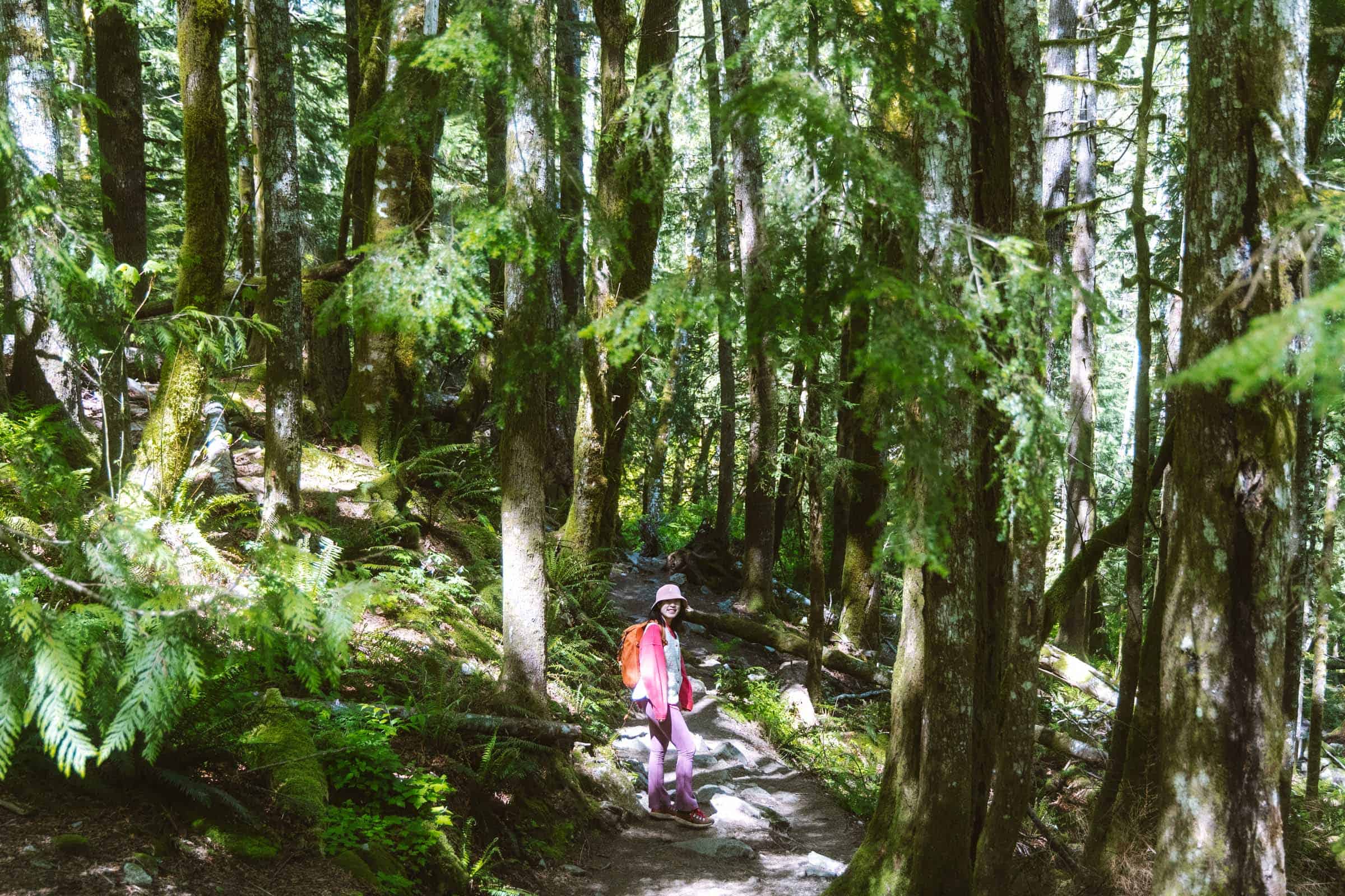 Chloe hiking down the Bridal Veil Falls trail