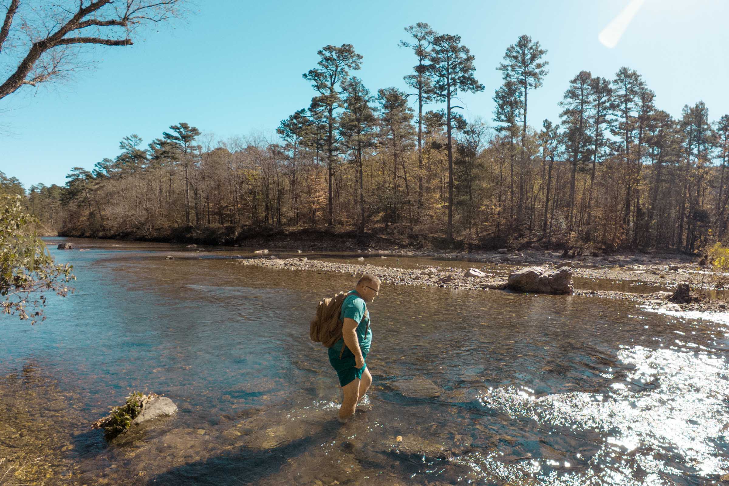 Dad crossing Little Missouri River to Winding Stairs Trail