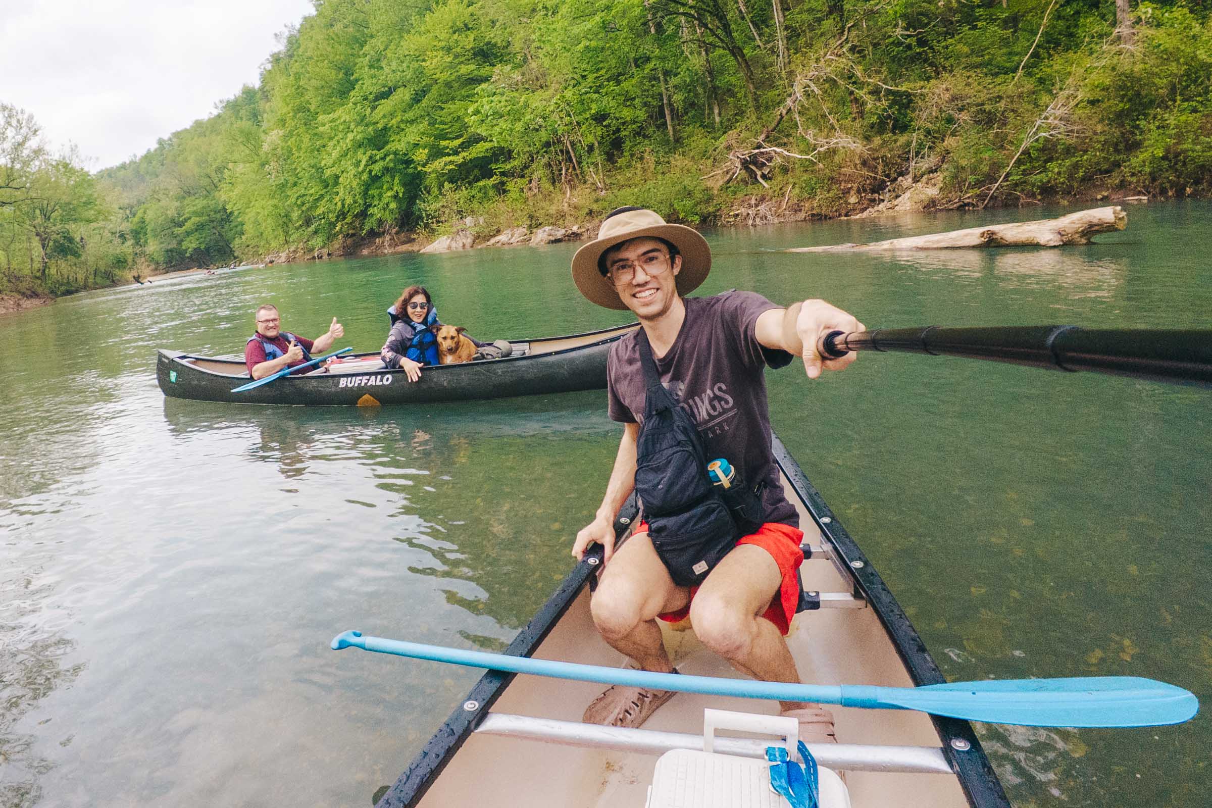 How to Float the Buffalo River in Arkansas: Complete Guide 30 Group photo of Trey and Dad and Wen on Buffalo River
