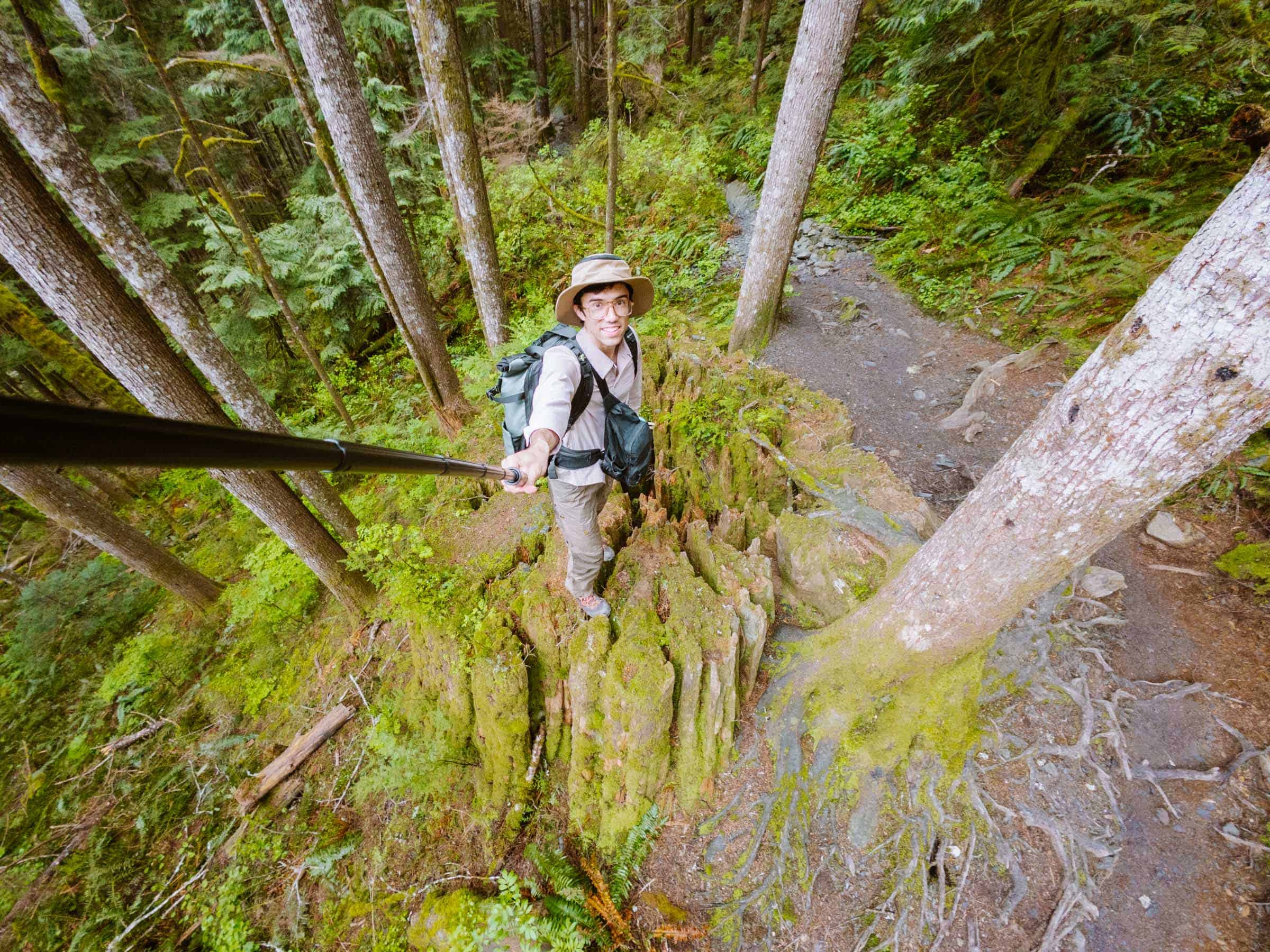11 Incredible Hikes Near Seattle: Complete Guide 13 Trey standing on an old growth stump on Heather Lake trail