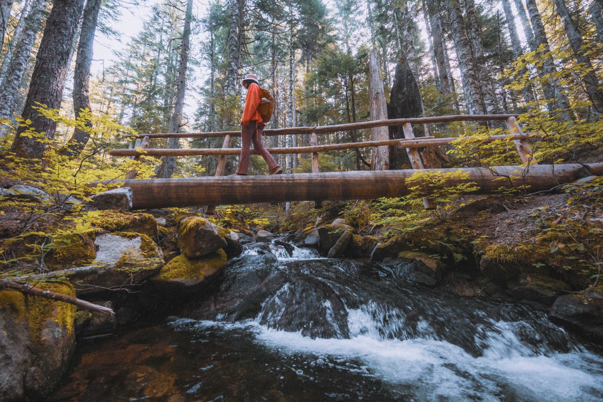 Walking over bridge near Olallie Lake