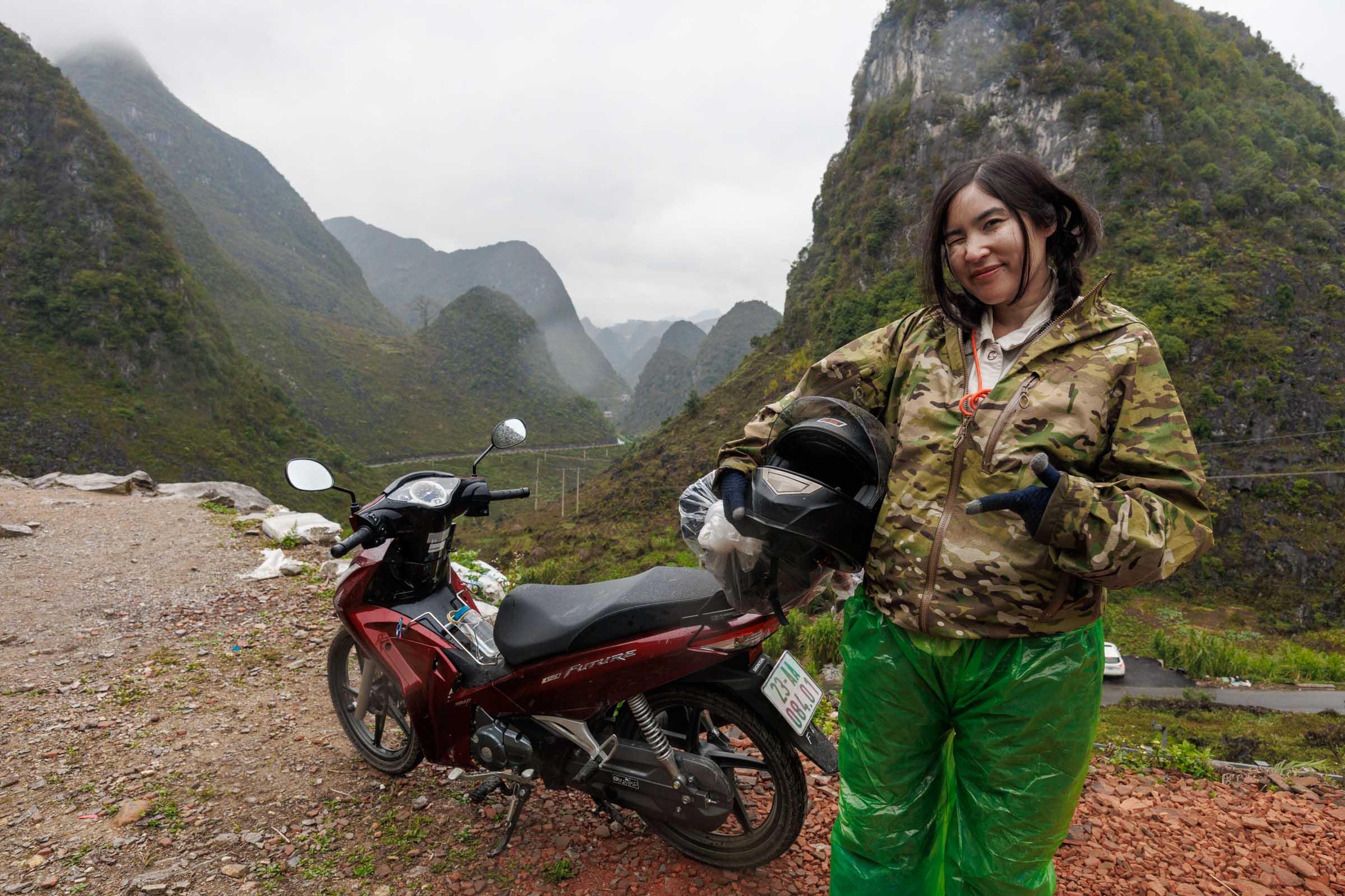 Chloe and motorbike in Ha Giang