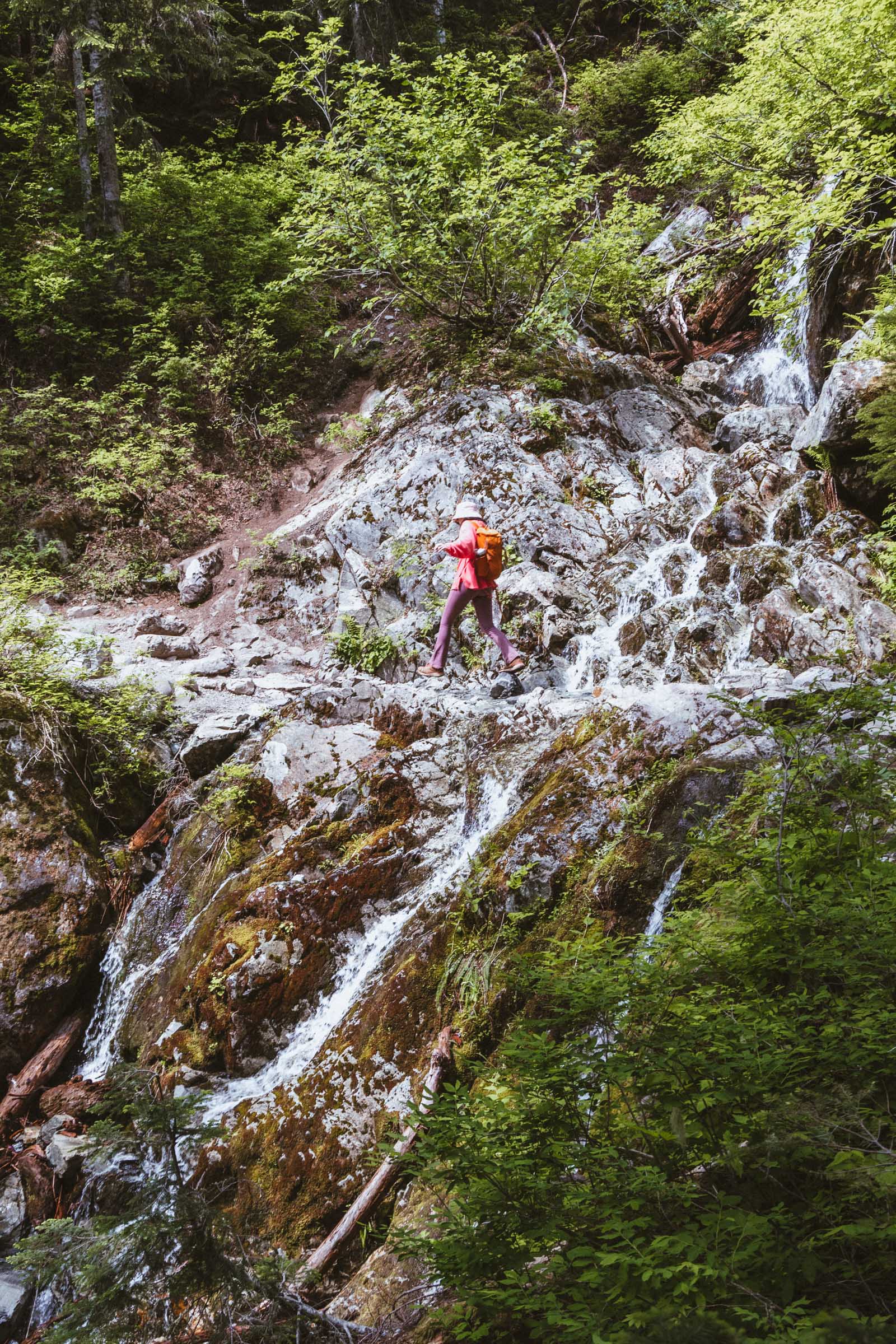 Chloe crossing creek at Snow Lake Trail