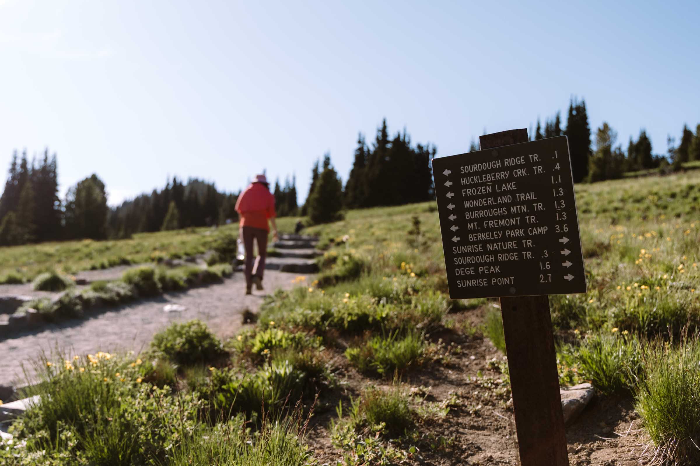 trail sign at sunrise mount rainier