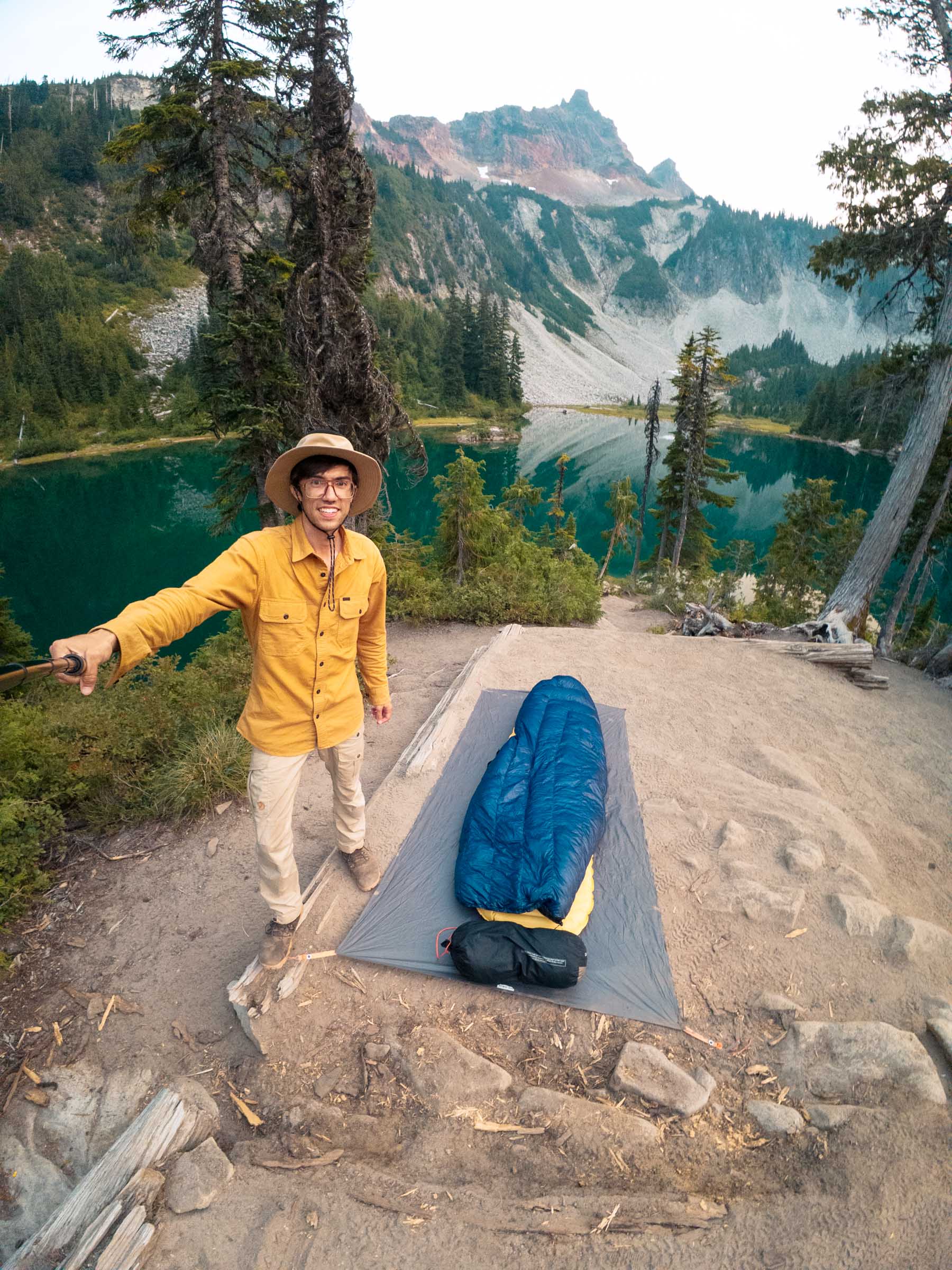 snow lake mount rainier trey camping setup