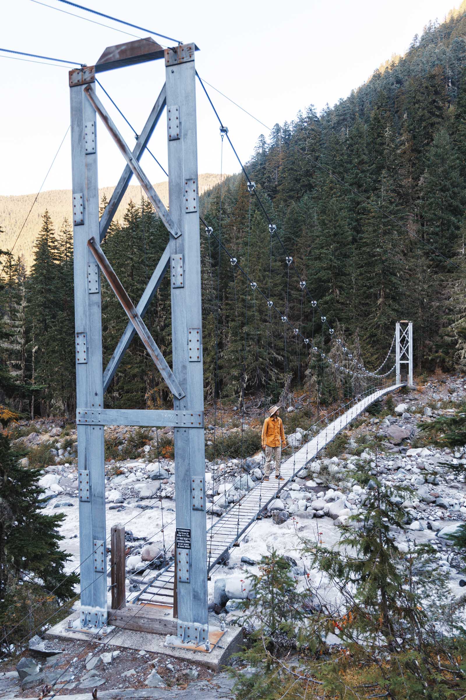 Northern Loop Trail in Mount Rainier: Complete Backpacking Guide 30 trey on carbon river suspension bridge